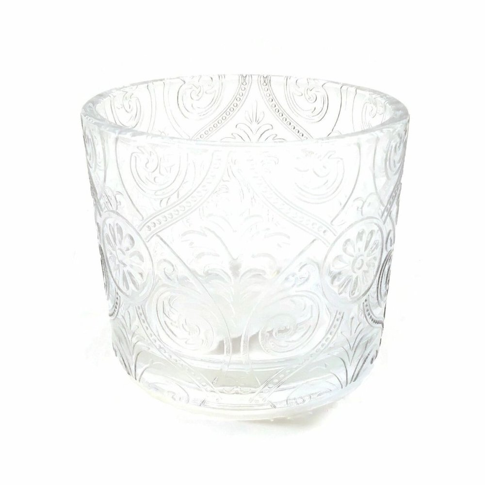 Candle Clear Glass Holder Round Translucent Etched Floral Pattern Tumbler Gift